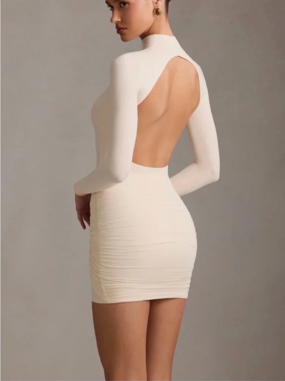 Oh Polly Ivory Open Back Ruched Mini Dress Long Sleeve M NWT